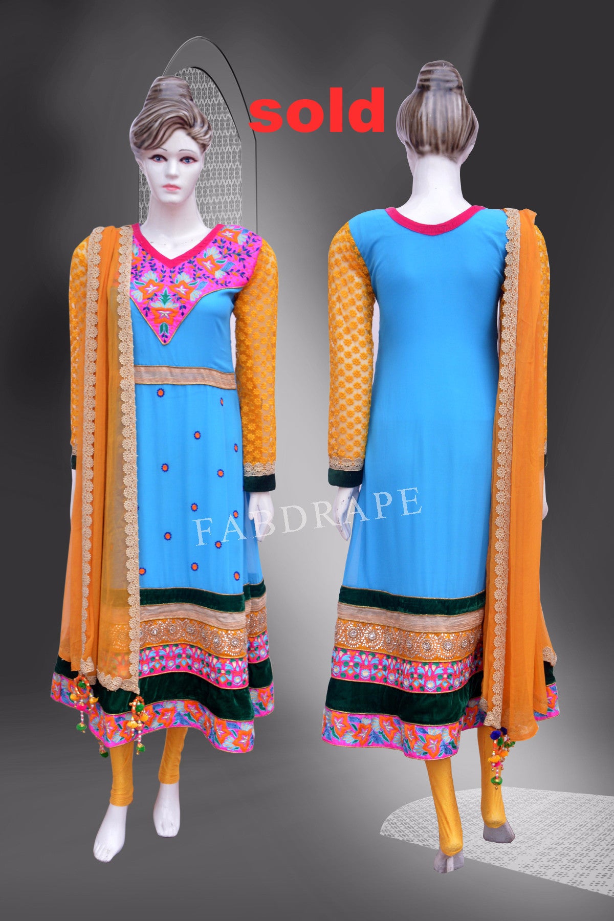 Turquoise Blue and Yellow  embroidered suit #FDSKH0039_001