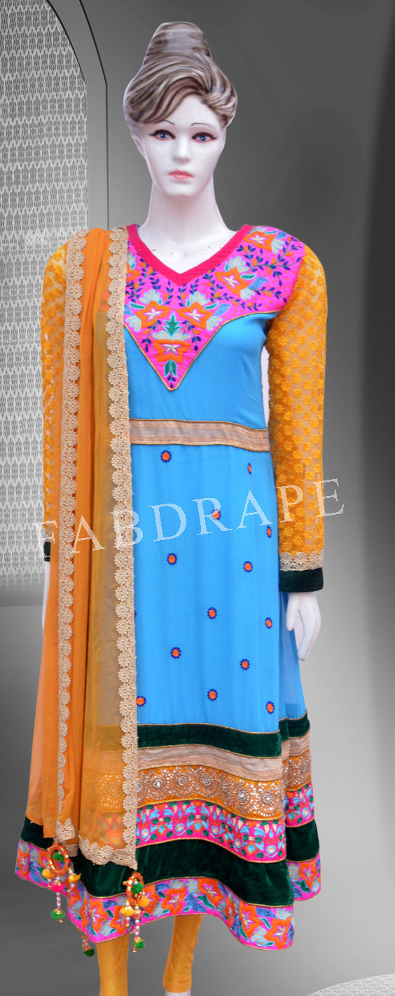Turquoise Blue and Yellow  embroidered suit #FDSKH0039_001