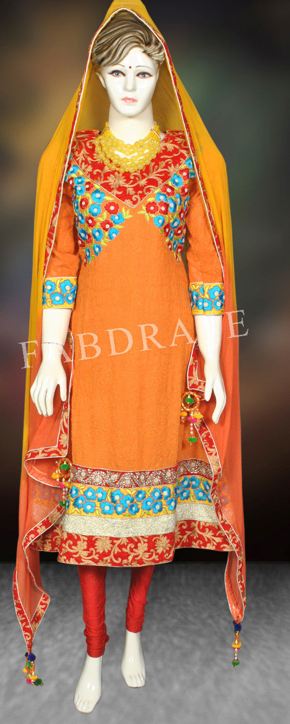 Yellow and Orange embroidered Chikankari work Suit #FDSKH0052_001
