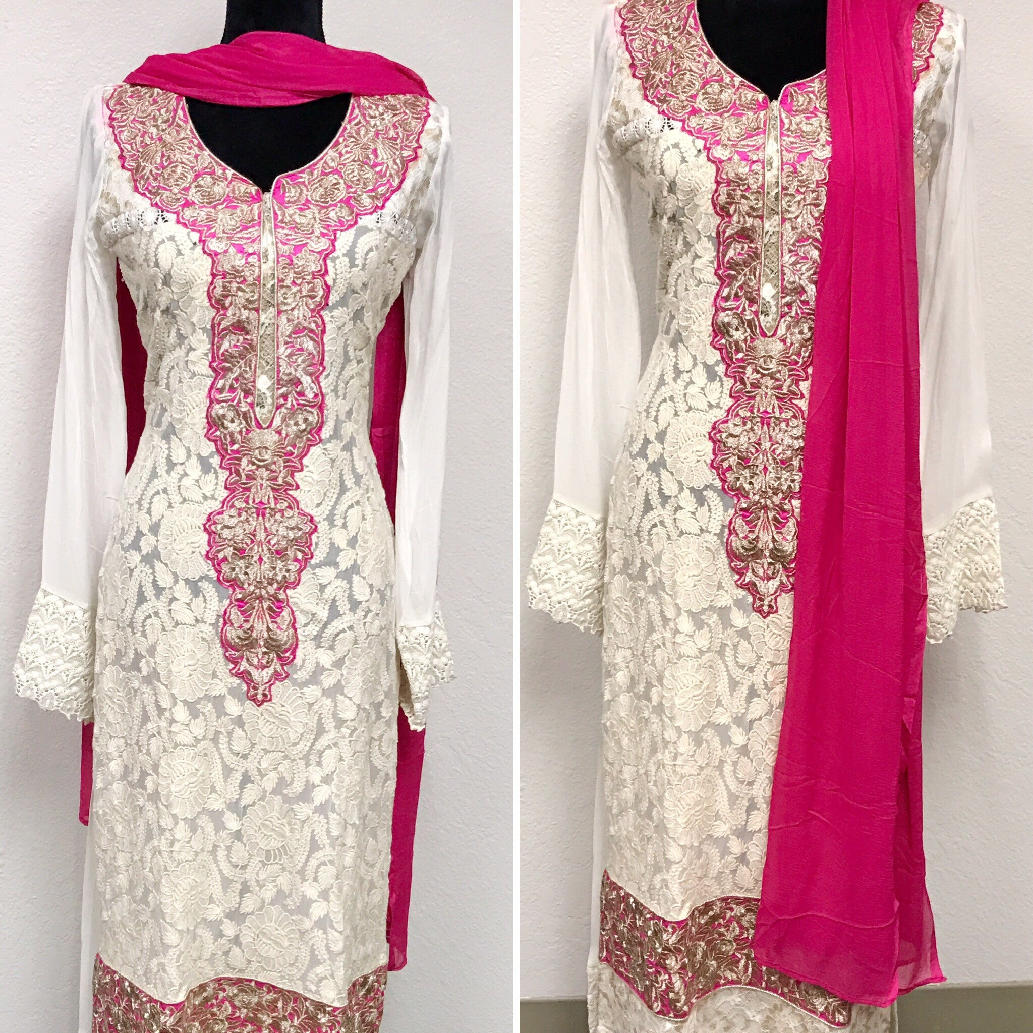 White and Pink color embroidered Suit #FDN0031 a